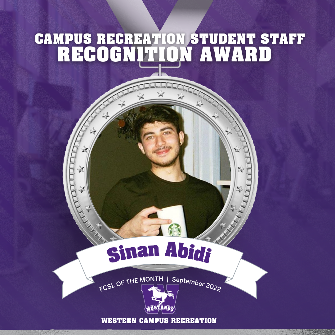 Head shot of Sinan Abidi inside a silver medal graphic that says Student Staff recognition award